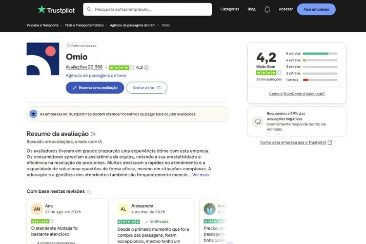 Avaliação da Omio no Trustpilot