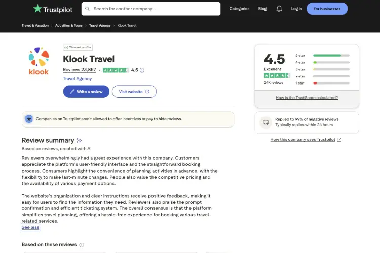 Avaliação da Klook no Trustpilot